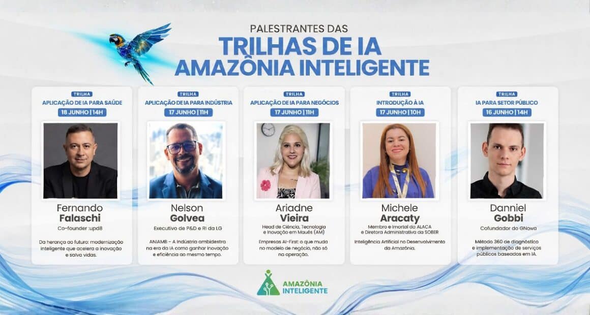 Banner com fotos dos palestrantes das trihas de IA do evento Amazônia Inteligente