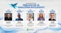 Banner com fotos dos palestrantes das trihas de IA do evento Amazônia Inteligente