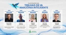 Banner com fotos dos palestrantes das trihas de IA do evento Amazônia Inteligente