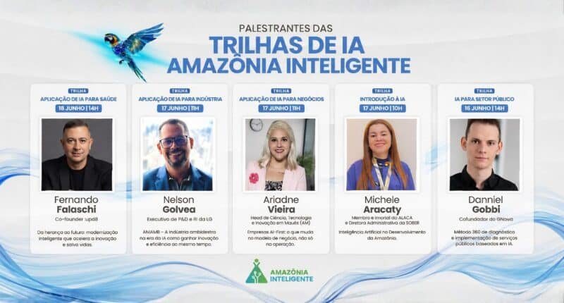 Banner com fotos dos palestrantes das trihas de IA do evento Amazônia Inteligente
