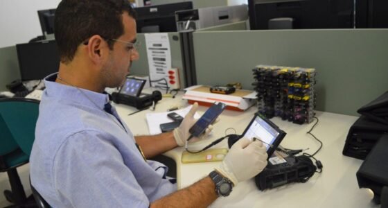 perito criminal analisando um a equipamento eletrônico