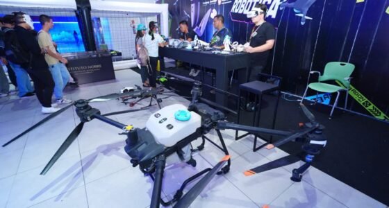 drone no chão em um stand em uma feira de eventos