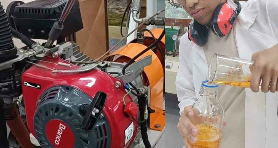 motor estacionario em bancada experimental com aluno fazendo mistura de biocombustivel