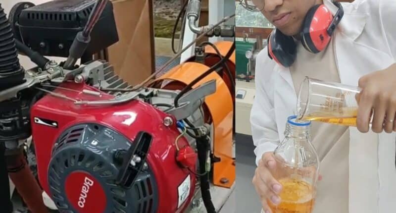 motor estacionario em bancada experimental com aluno fazendo mistura de biocombustivel